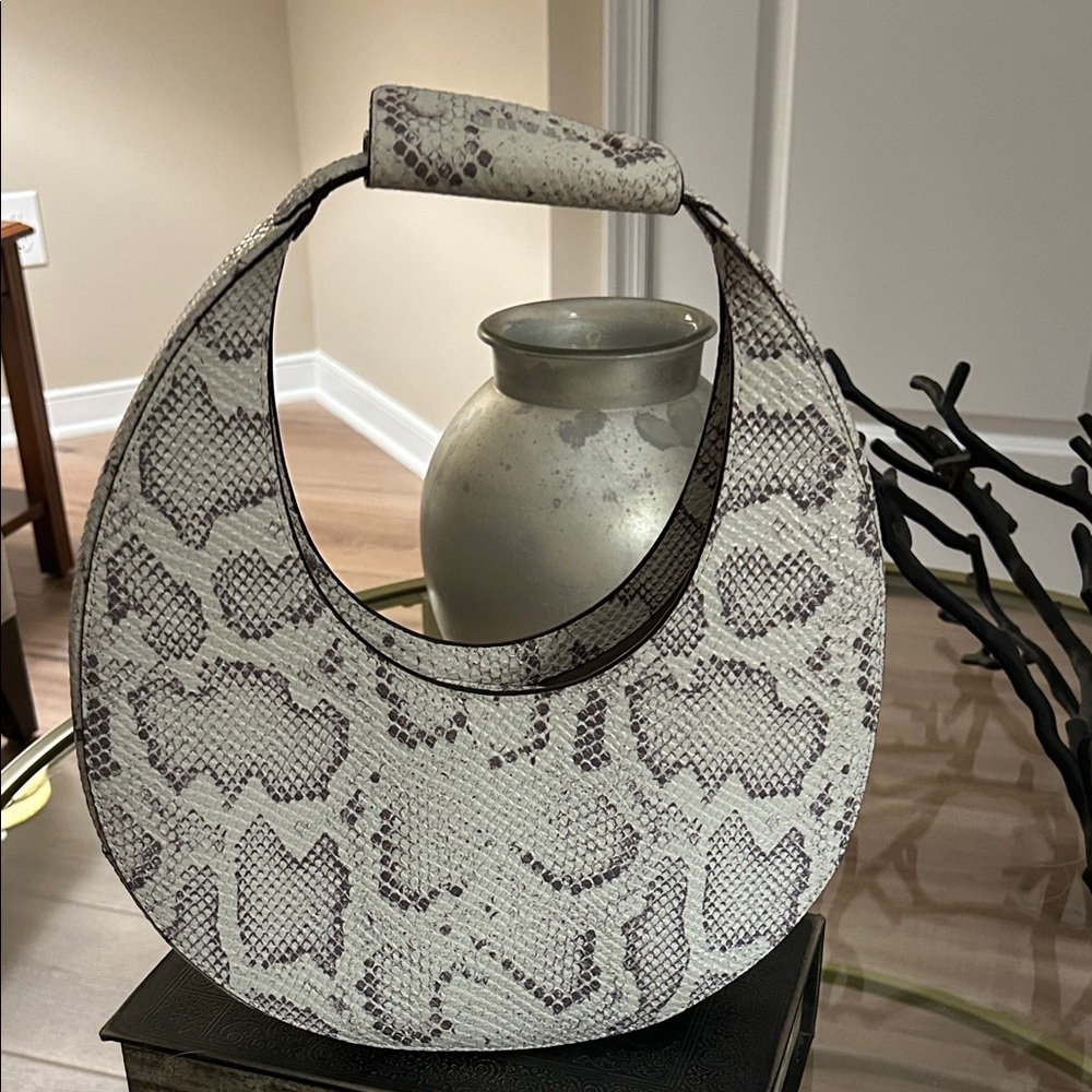 STAUD Snakeskin Shoulder Bag in Cream and Brown